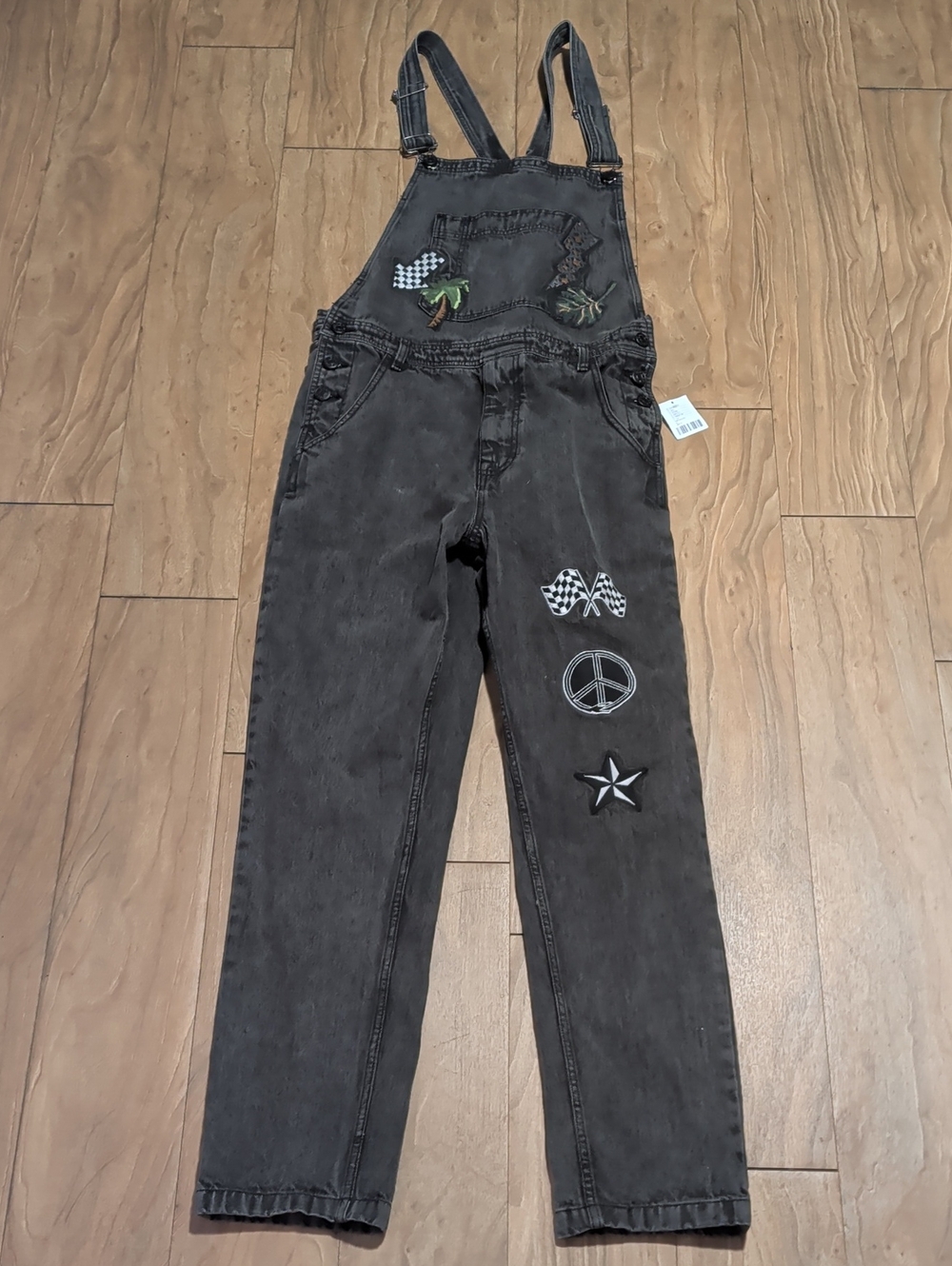 men's Black Denim Overall Jeans with Embroidered Patches